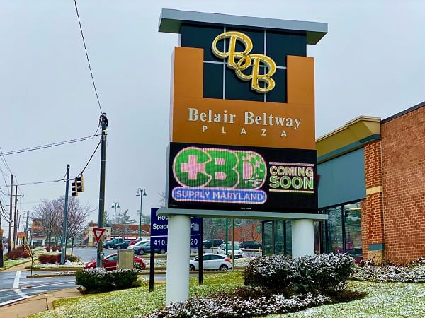 The Belair Beltway Plaza sign on Belair Road, at the entrance to the shopping center