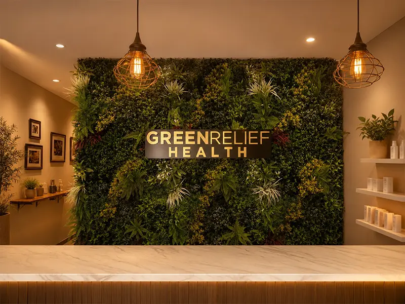 Green Relief Health reception — living plant wall with gold signage