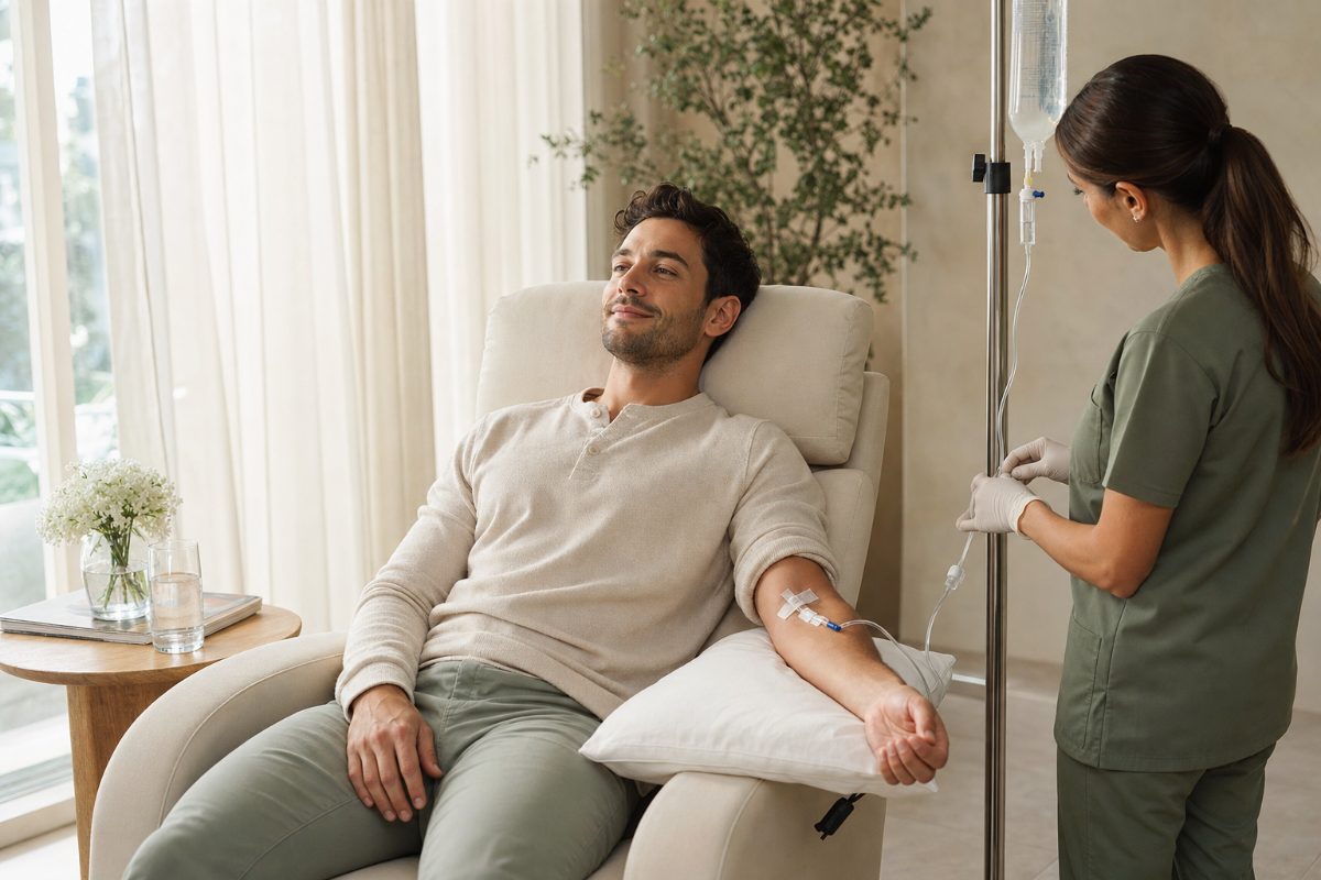 Patient relaxing in a recliner during an IV therapy session