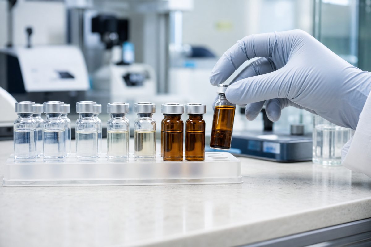 Gloved hand selecting a peptide vial in a laboratory
