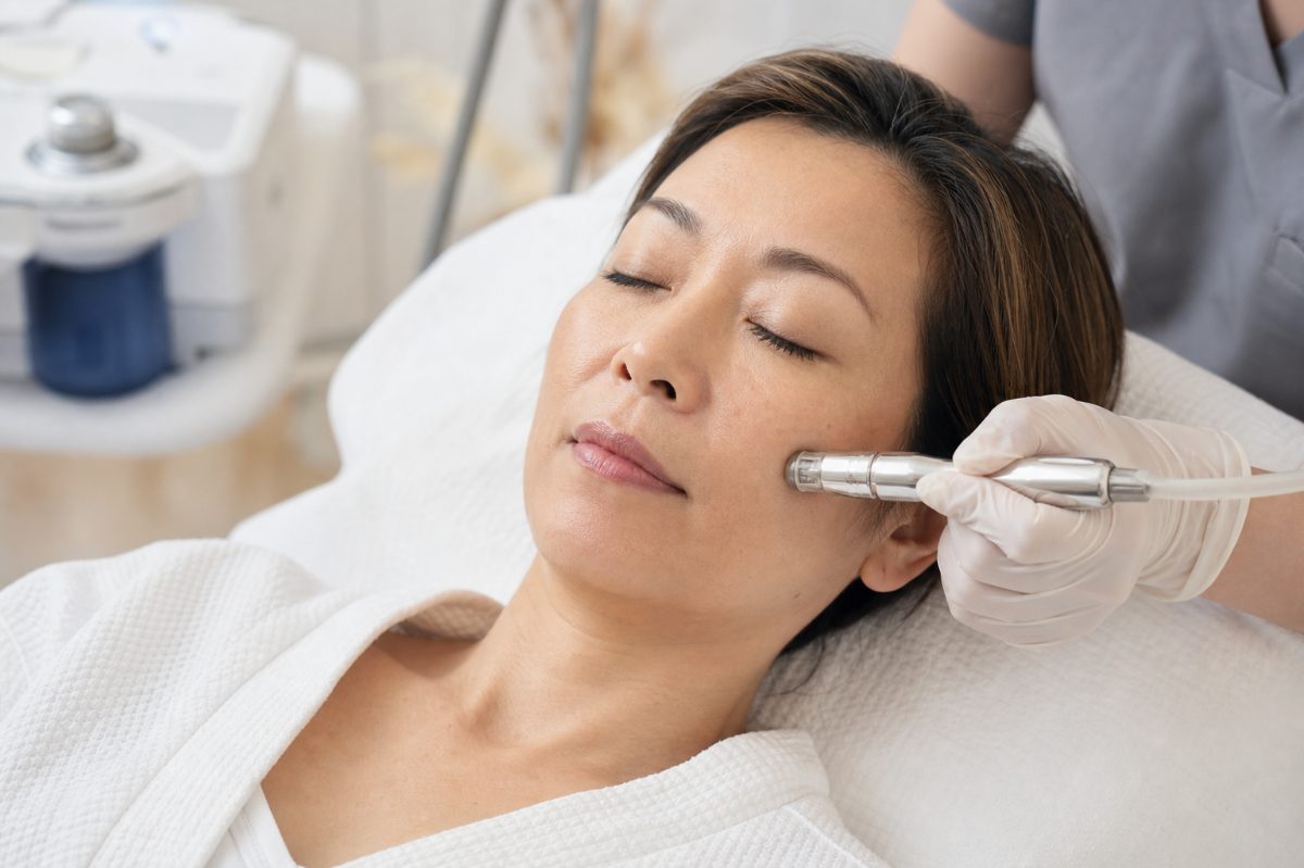 Patient receiving a microdermabrasion skin treatment