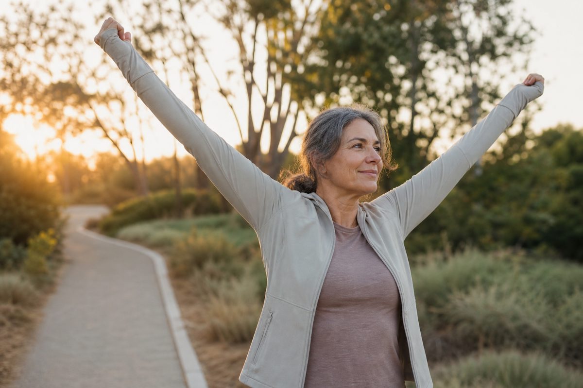 Woman stretching with her arms overhead at sunset